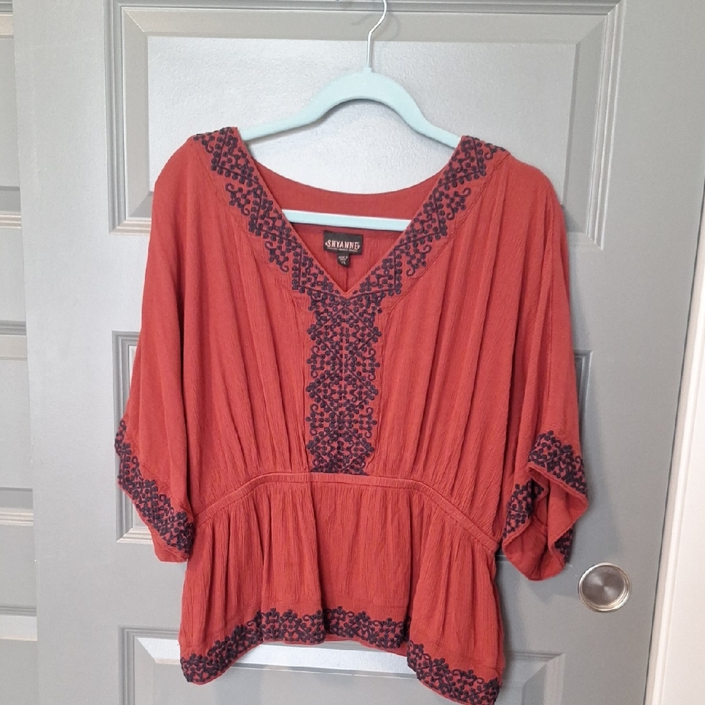 Shyanne Terracotta Blouse with Navy Embroidery